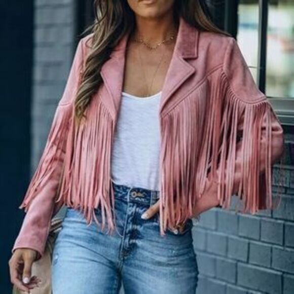 Jackets & Blazers - women Pink faux suede tassel blazer suit jacket
